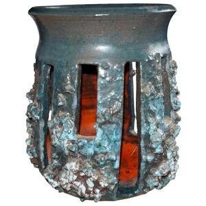 Unique Glit Iceland Lava Pot Orchid Vase Candle Holder Teal Orange Brutalist MCM